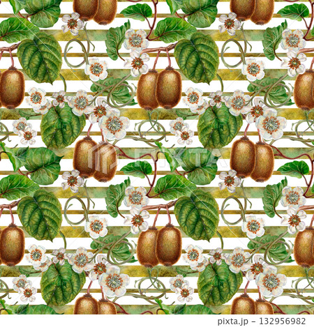 White flowers, green leaves, branches and brown fruit kiwi. Seamless pattern on a striped white background. Botanical template for home kitchen textiles, wrapping paper, packaging, wallpaper 132956982