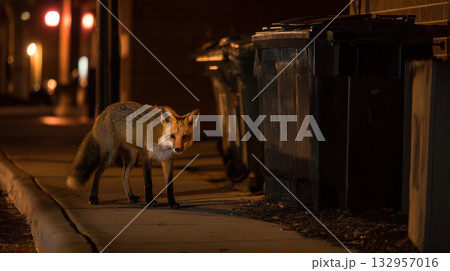 Urban red fox standing by trash cans in an alley at night, encountering wildlife in soft street light 132957016