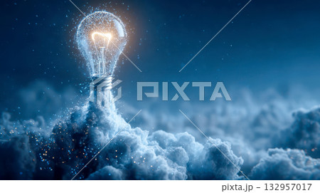 Glowing light bulb emerging from cloud fog with sparkling particles, concept of creativity and innovation 132957017