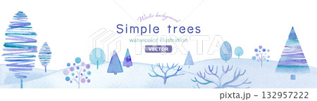 樹木のある寒い冬の雪原の水彩イラスト。シンプルなイラストデザイン。冬のイメージバナー背景（ベクター） 132957222