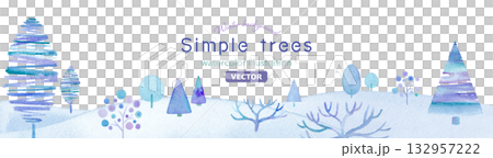 樹木のある寒い冬の雪原の水彩イラスト。シンプルなイラストデザイン。冬のイメージバナー背景（ベクター） 132957222