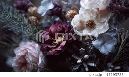 Winter floral composition with frosted pine branches and pastel dried flowers 132957254