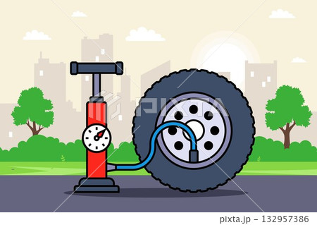 Red car tire pump. Red car tire pump. 132957386