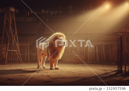 Lion stands in a dusty arena under a warm spotlight. Spotlight bathes empty cages and seating for a dramatic show. 132957596