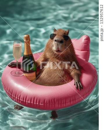 Capybara wearing sunglasses lounges in a pink pool float by a champagne bottle in a pool. Sunlit celebration mood with champagne and glass. Capybara wearing sunglasses lounges in a pink pool float by a champagne bottle in a pool. Sunlit celebration mood with champagne and glass. 132957612