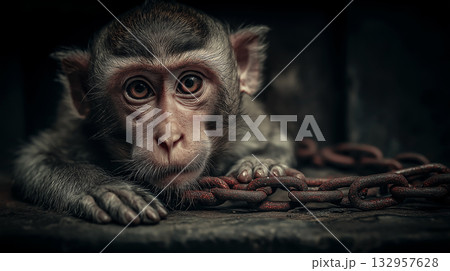 Baby monkey rests beside a rusted chain in a dark room. Rusted chain and dark setting heighten somber mood. Baby monkey rests beside a rusted chain in a dark room. Rusted chain and dark setting heighten somber mood. 132957628