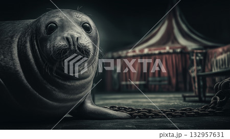 Seal lies on the floor near a heavy chain at a circus tent. Dim lighting and a red tent backdrop create a dramatic circus mood. 132957631