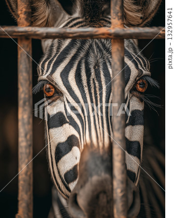 Zebra peers through rusty bars at a zoo enclosure. Amber eyes glow under warm light. 132957641
