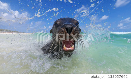 Sea lion jumps through spray near the beach. Bright daylight highlights the sea lion and splashing water. 132957642