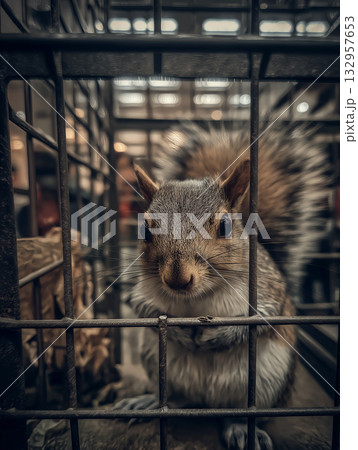 Squirrel peers through the cage bars in a pet store. Curious expression and alert eyes create a sense of curiosity. Squirrel peers through the cage bars in a pet store. Curious expression and alert eyes create a sense of curiosity. 132957653