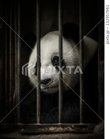 Panda sits behind bars in a dark zoo enclosure. Dim lighting highlights the panda face. 132957661