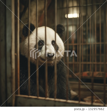 Giant panda sits behind bars in a zoo enclosure. Warm lighting creates a calm contemplative mood. Giant panda sits behind bars in a zoo enclosure. Warm lighting creates a calm contemplative mood. 132957662