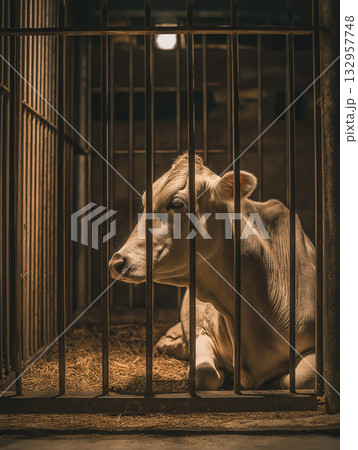 Cow resting in a barn stall. Warm sepia lighting highlights confinement. Cow resting in a barn stall. Warm sepia lighting highlights confinement. 132957748