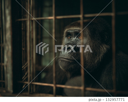 Gorilla in a cage gazes through bars in a zoo enclosure. Dim lighting highlights the gorilla's face. Gorilla in a cage gazes through bars in a zoo enclosure. Dim lighting highlights the gorilla's face. 132957771