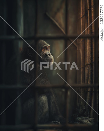 Orangutan gazes from a cage in a zoo enclosure. Dim lighting and iron bars create a somber mood. 132957776