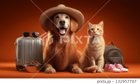 Golden retriever wearing a straw hat and orange tabby cat sit together in a studio with travel gear. They pose with a silver suitcase and a backpack and pink sneakers for a travel themed scene. 132957787