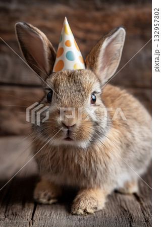 Rabbit wearing a party hat sits on a wooden floor. Party hat signals celebration. 132957802