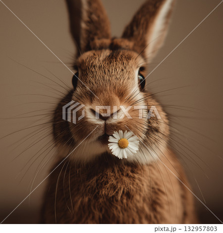 Rabbit holds a daisy in its mouth in a studio. Warm lighting and close crop create a cozy mood. Rabbit holds a daisy in its mouth in a studio. Warm lighting and close crop create a cozy mood. 132957803