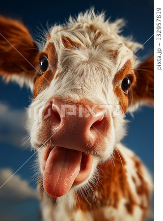 Cow sticks out tongue under blue sky. Playful close-up of a cow under bright daylight. Cow sticks out tongue under blue sky. Playful close-up of a cow under bright daylight. 132957819