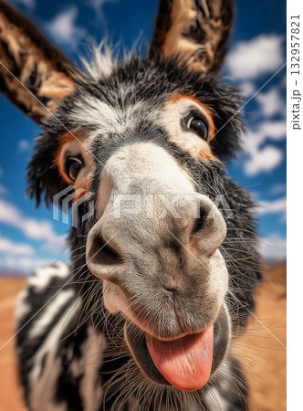 Donkey close-up sticks out tongue in a desert landscape. Sunlight highlights its goofy expression. 132957821