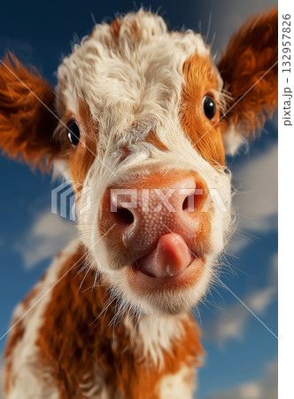 Calf with white and brown fur leans toward the camera against a blue sky. Nose and tongue close up show a curious playful moment. Calf with white and brown fur leans toward the camera against a blue sky. Nose and tongue close up show a curious playful moment. 132957826