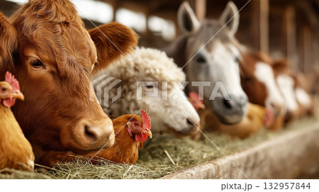 Cows, a chicken, and a horse eat hay at a barn. Warm barn light highlights the animals at feeding time. Cows, a chicken, and a horse eat hay at a barn. Warm barn light highlights the animals at feeding time. 132957844