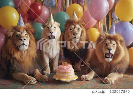 Lions wearing party hats sit at a birthday party in a living room. A birthday cake sits between them. Lions wearing party hats sit at a birthday party in a living room. A birthday cake sits between them. 132957870