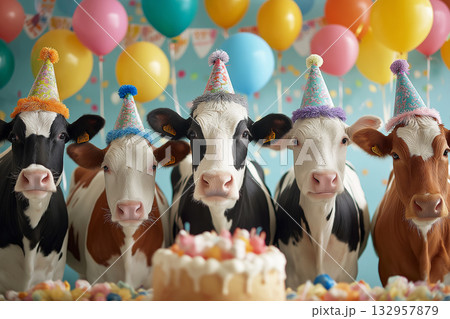 Cows wearing party hats celebrate at a birthday party. Colorful balloons and a cake set a cheerful party mood. Cows wearing party hats celebrate at a birthday party. Colorful balloons and a cake set a cheerful party mood. 132957879