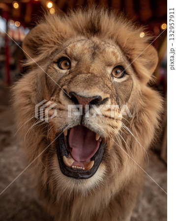 lion roars at the zoo. warm light highlights the mane and teeth. 132957911