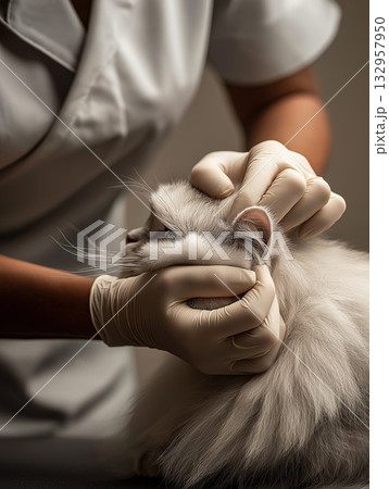 Veterinary technician holds fluffy white cat in clinic for ear exam. Calm lighting highlights a careful medical procedure. 132957950