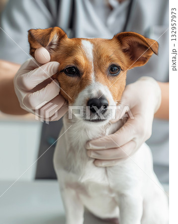 Veterinarian examines a small dog at a veterinary clinic. Gloved hands steady the head during an eye check. 132957973