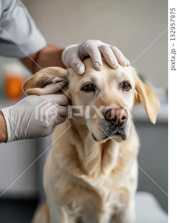 Veterinarian and dog in a veterinary clinic as the doctor holds the dog's head. Gloved hands stabilize the head for a medical checkup. Veterinarian and dog in a veterinary clinic as the doctor holds the dog's head. Gloved hands stabilize the head for a medical checkup. 132957975