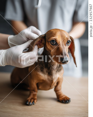 Dachshund dog receives ear examination at a veterinary clinic. Gloved hands hold the ear as a veterinarian checks the dog. Dachshund dog receives ear examination at a veterinary clinic. Gloved hands hold the ear as a veterinarian checks the dog. 132957987