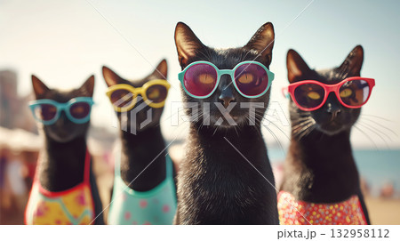 Black cats wearing colorful sunglasses pose at the beach. Bright summer mood with four cats in colorful outfits. 132958112