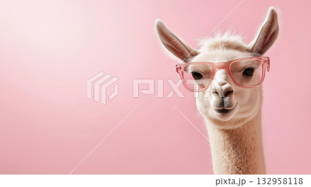 Llama Portrait with Glasses on Pink Background: Cute, Funny, and Fashionable Animal Image 132958118