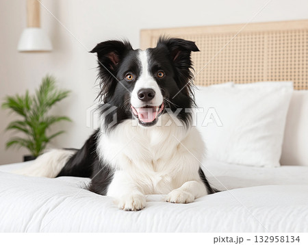 Border Collie dog as adorable pet animal, fluffy and cute, on bedroom bed Border Collie dog as adorable pet animal, fluffy and cute, on bedroom bed 132958134