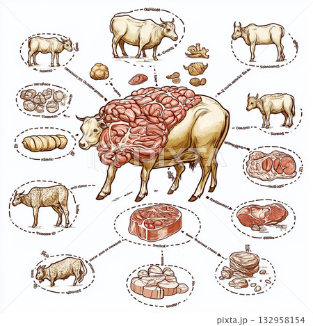 Cuts diagram of beef showcasing butcher animal meat anatomy illustration livestock infographic 132958154