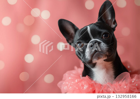 Boston Terrier dog portrait with bokeh pink background, featuring a cute and adorable pet animal 132958166