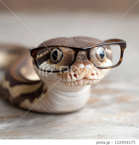 Reptile python snake with glasses, a stylish and unique pet animal in nature, looking cool. Reptile python snake with glasses, a stylish and unique pet animal in nature, looking cool. 132958175