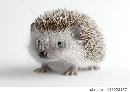 Adorable hedgehog portrait showcasing cute, furry, spiky animal in nature with brown and white colors 132958177