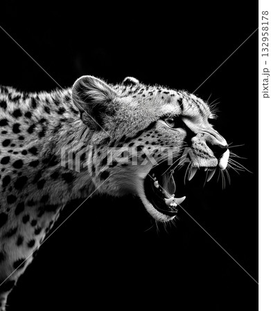Fierce predator roar, spotted feline portrait with wild animal expression in black and white Fierce predator roar, spotted feline portrait with wild animal expression in black and white 132958178
