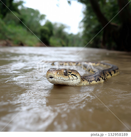 Snake and reptile in the python wildlife river nature forest habitat animal serpent camouflage Snake and reptile in the python wildlife river nature forest habitat animal serpent camouflage 132958189