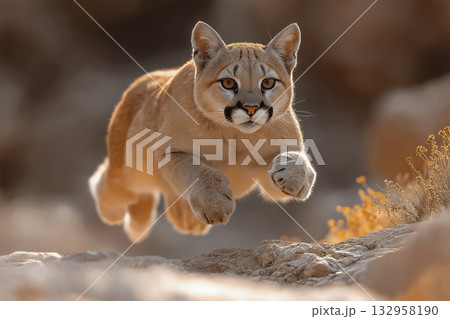 Puma wildlife photo of agile feline in nature, showcasing predator and animal jumping Puma wildlife photo of agile feline in nature, showcasing predator and animal jumping 132958190