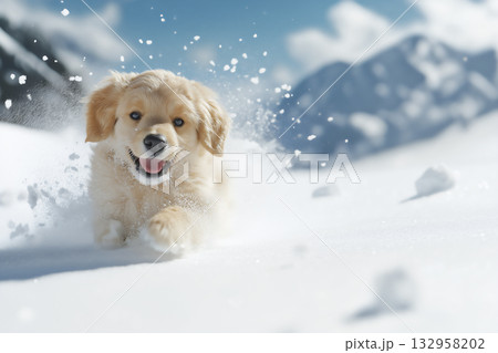 GoldenRetriever puppy playing in snow among mountains, fluffy and playful winter outdoor scene GoldenRetriever puppy playing in snow among mountains, fluffy and playful winter outdoor scene 132958202
