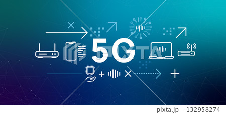 5G wireless network technology concept banner icons connected devices router smartphone laptop high speed data transmission future of global mobile communication 132958274