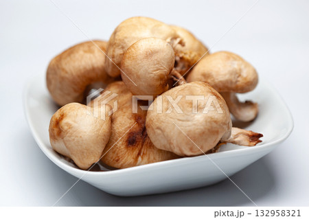 Macrophotography of mushrooms in a white plate Macrophotography of mushrooms in a white plate 132958321