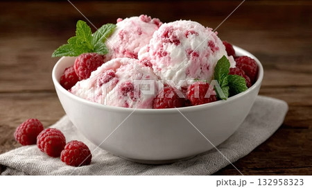 white bowl with vibrant pink raspberry ice cream 132958323