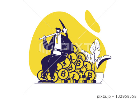Cryptocurrency mining web concept with flat people for website design. Man with pickaxe working at crypto farm, making digital money and extracting coins for virtual trading. Vector illustration. Cryptocurrency mining web concept with flat people for website design. Man with pickaxe working at crypto farm, making digital money and extracting coins for virtual trading. Vector illustration. 132958358