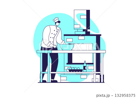 Cooking and restaurant web concept with flat people for website design. Chef in hat and uniform preparing bakery at kitchen, making dough in professional mixer machine utensil. Vector illustration. 132958375