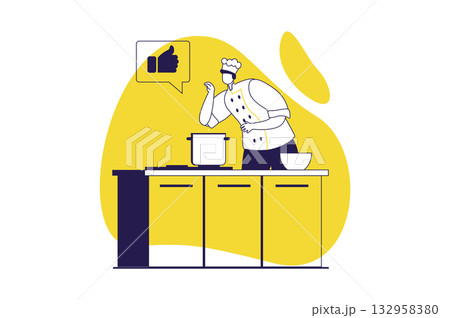 Cooking and restaurant web concept with flat people for website design. Professional chef in hat and uniform preparing dishes at kitchen, working at stove, staff making dinner. Vector illustration. 132958380
